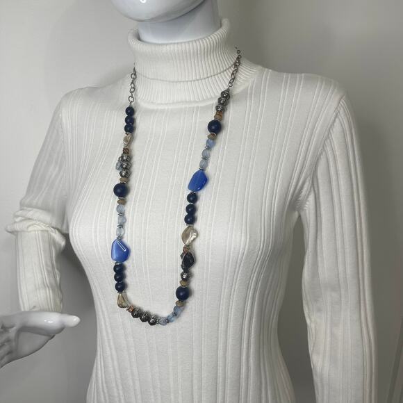 Chico's signed necklace long chunky chain link natural neutral blue tan boho - Picture 8 of 12